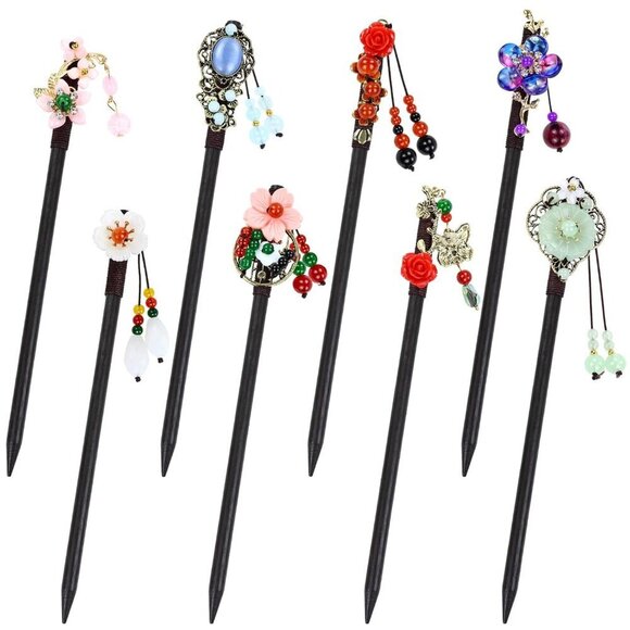 8pcs Wooden Hair Sticks Floral Bead Pendants Traditional Japanese Hair Accessori main image 5